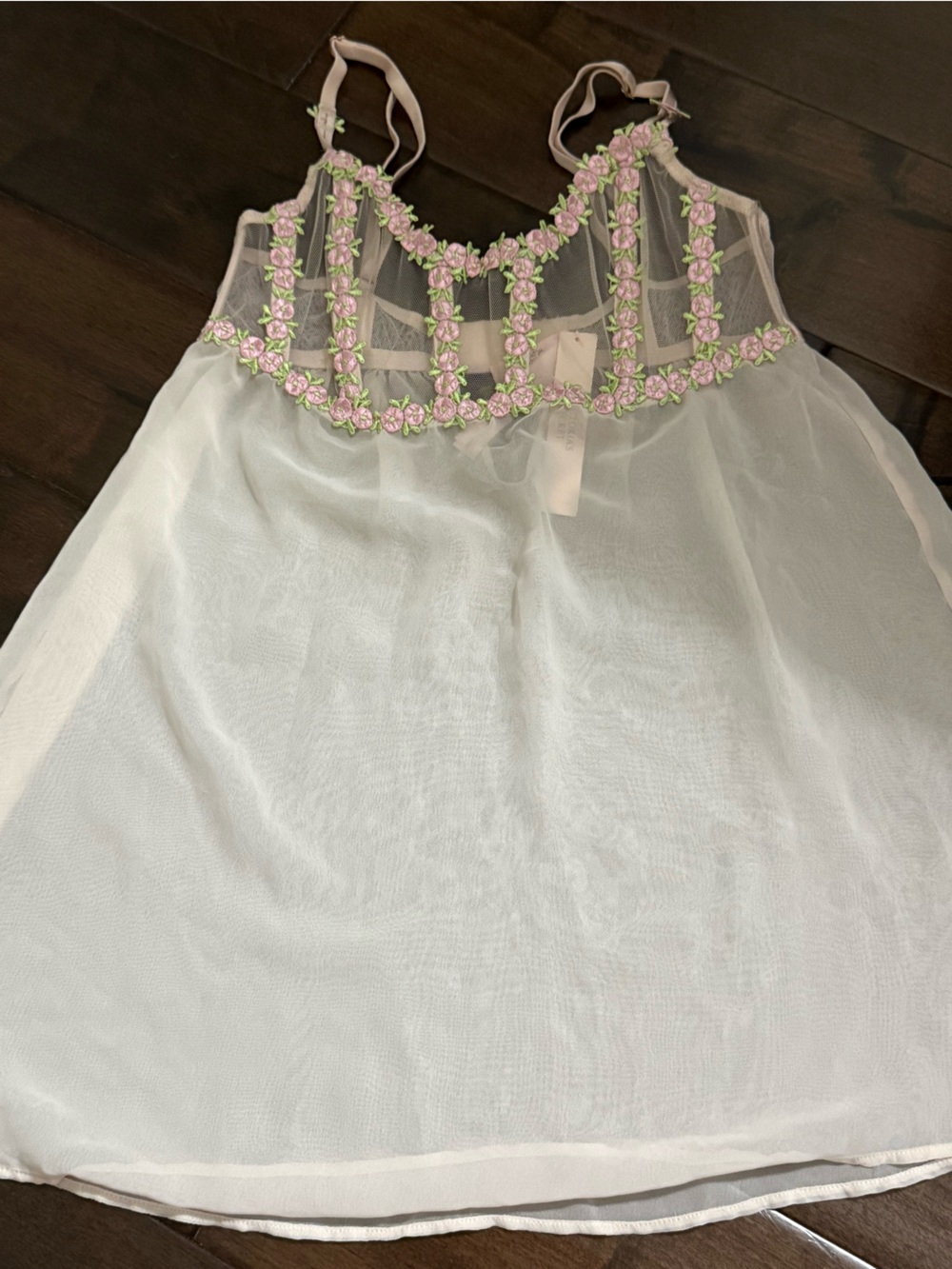 Victoria's Secret White Sheer Chemise with Pink Rose Trim